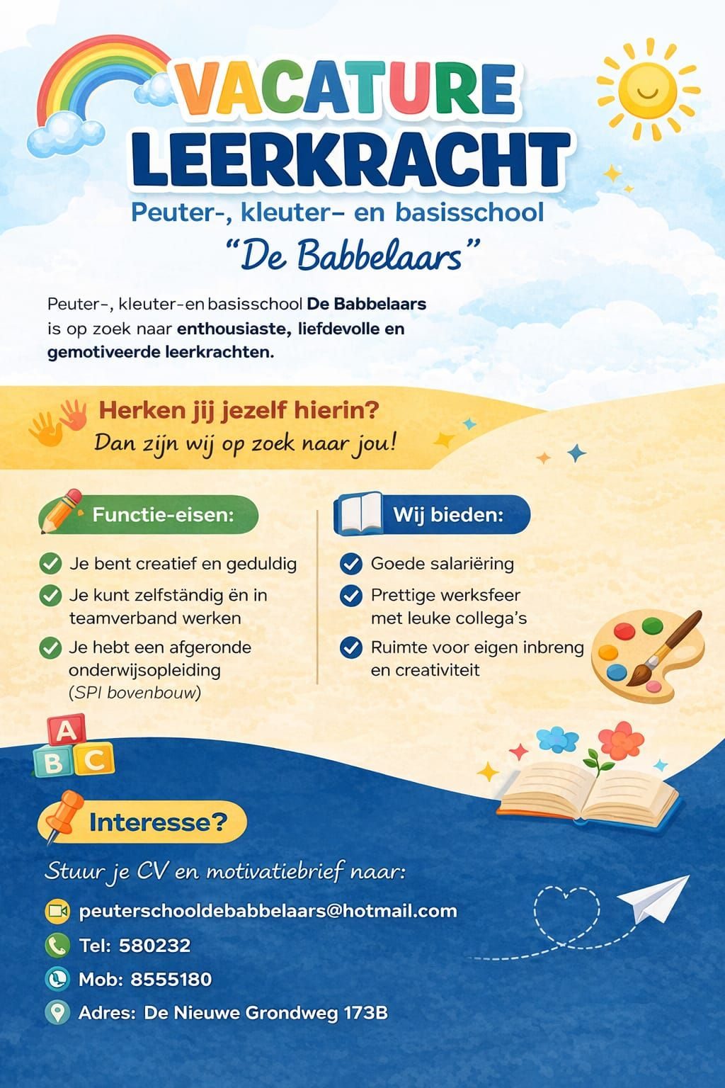 Vacatureposter voor leerkracht bij De Babbelaars